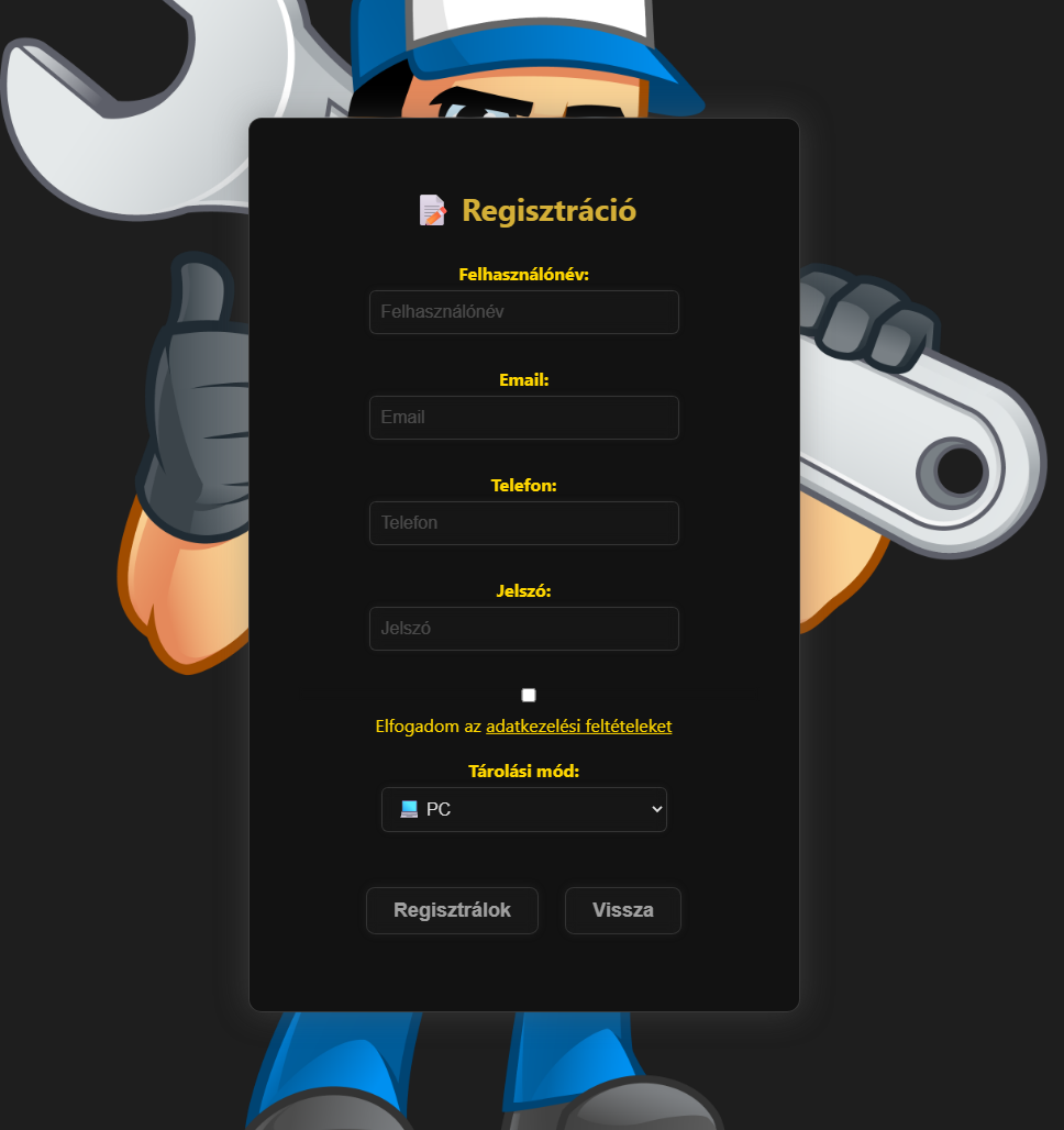 Regisztrálciós felület